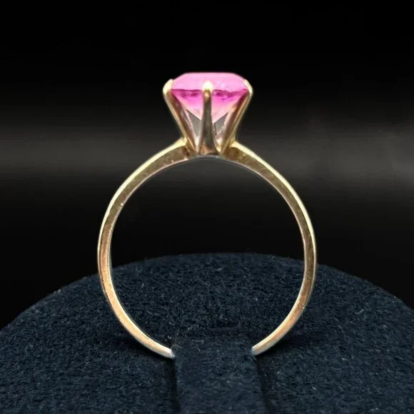 10k Yellow Gold And Pink Sapphire Vintage Round Solitaire Ring Size 6 Signed - Picture 9 of 10
